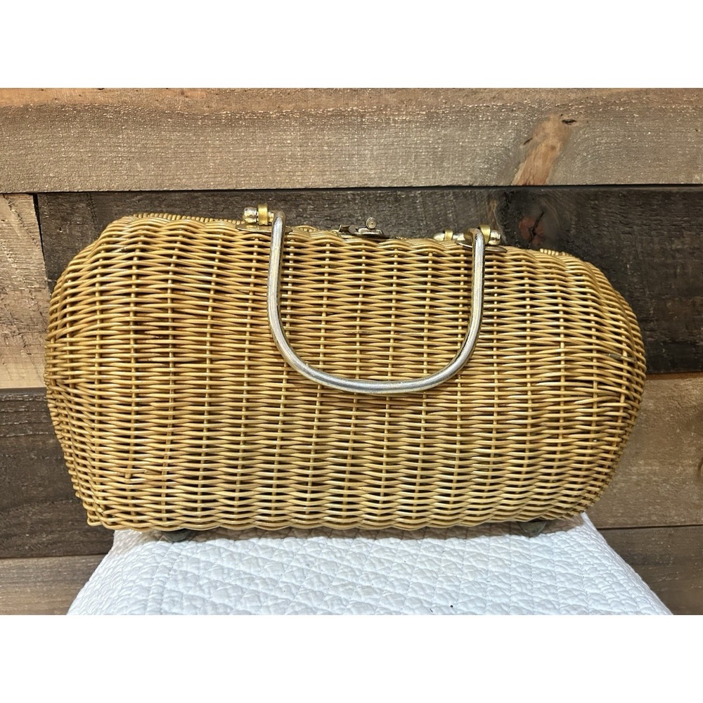 Vintage 50s 60s Coated Wicker Handbag purse Gold‎ Handles